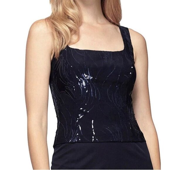 NWT Alex Evenings Size 8P Square Neck Sequin Waves Midi Dress Navy *Dress Only* - Picture 2 of 12